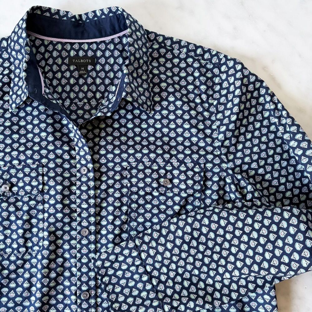 Talbots Cotton Blouse Women's 14 Long Sleeve Navy Blue Purple Turquoise Print